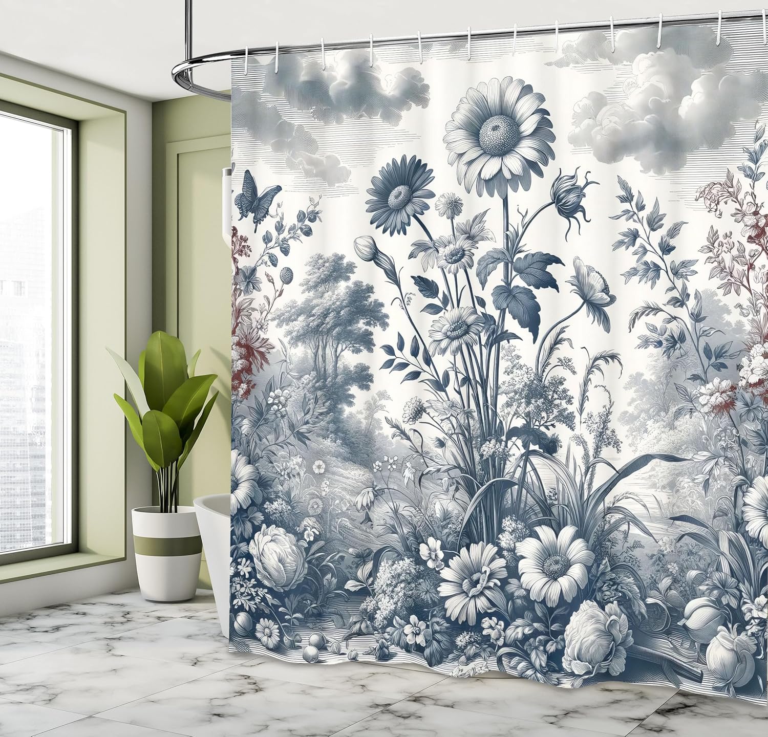 

Floral Eucalyptus Shower Curtain, Wild Flowering Meadow in Vintage Engraving Style Botanic Art, Cloth Fabric Bathroom 90x180cm