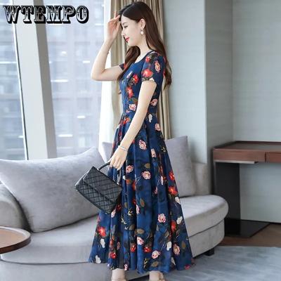 Summer Round Neck Short-sleeved Dress Floral Dress Over The Knee Loose and Thin