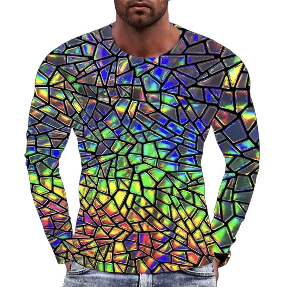 Geometric Pattern 3D Printed Men's T-shirts Street Casual Long Sleeved T-shirt Round Neck Pullover Top