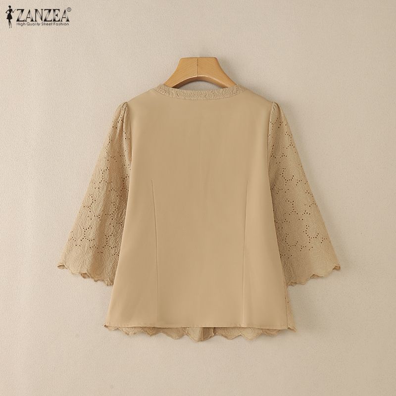 ZANZEA Women Casual Round Neck 3/4 Sleeve Lace Crochet Patchwork Loose Blouse