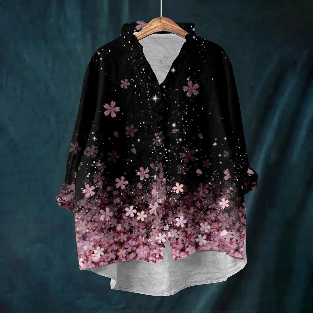 Dame Løs Volangert Blomstert Trykk Ståkrage Langermet Bomull og Lin Topp