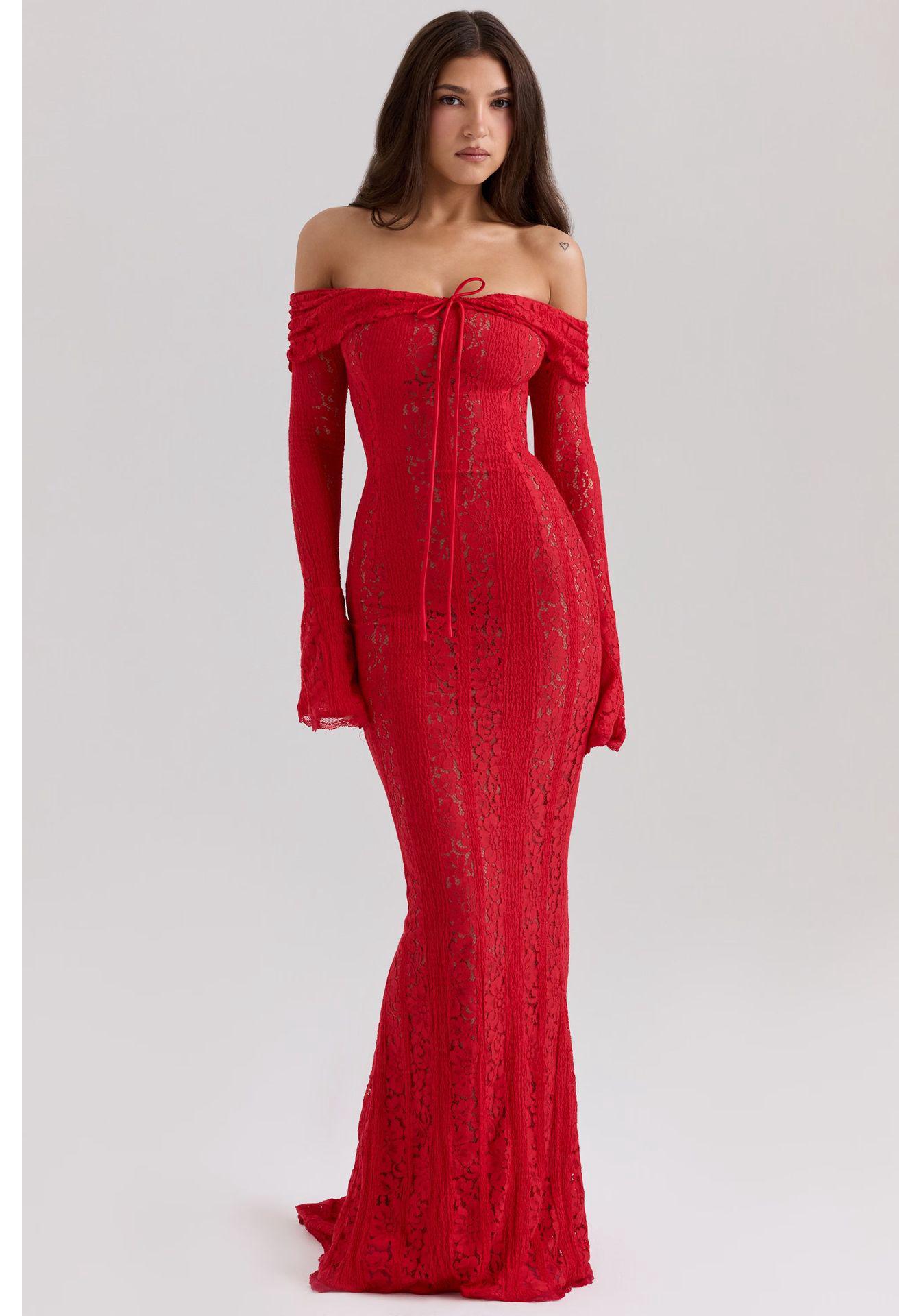 

Elegant One-Shoulder Lace Hollow Bell Sleeve Bodycon Evening Gown Small червоний