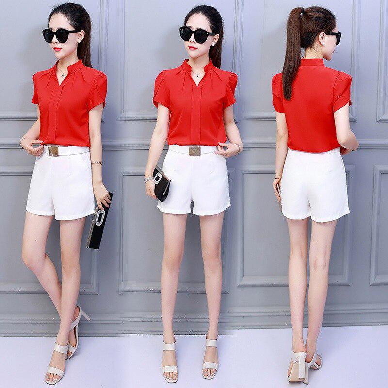 White Shirt Female Short Sleeve Shirt Fashion Bodycon Leisure Chiffon Blouse Tops