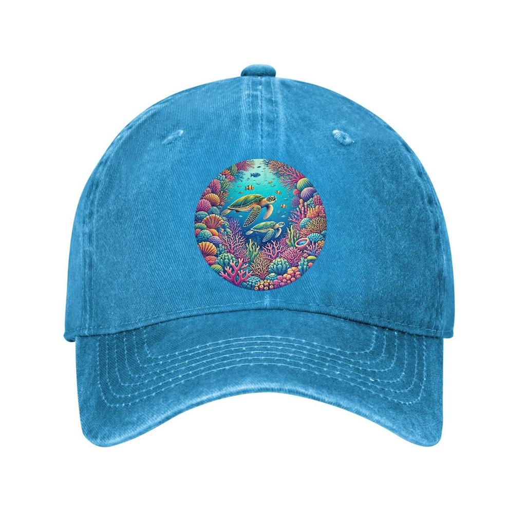 Sea Turtle Coral Reef Print Cotton Baseball Cap Adjustable Curved Brim Casual Sun Protection Hat