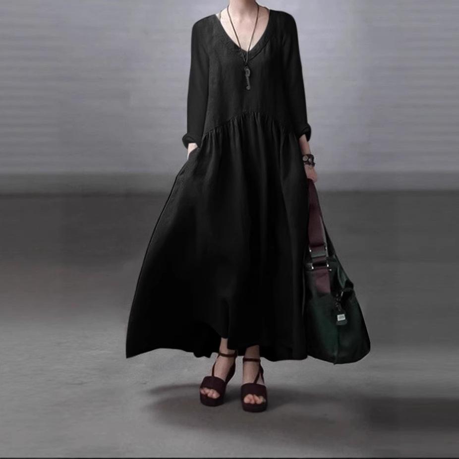 New spring and autumn fashion long-sleeved V-neck cotton and linen vest skirt women's casual solid color loose long dress