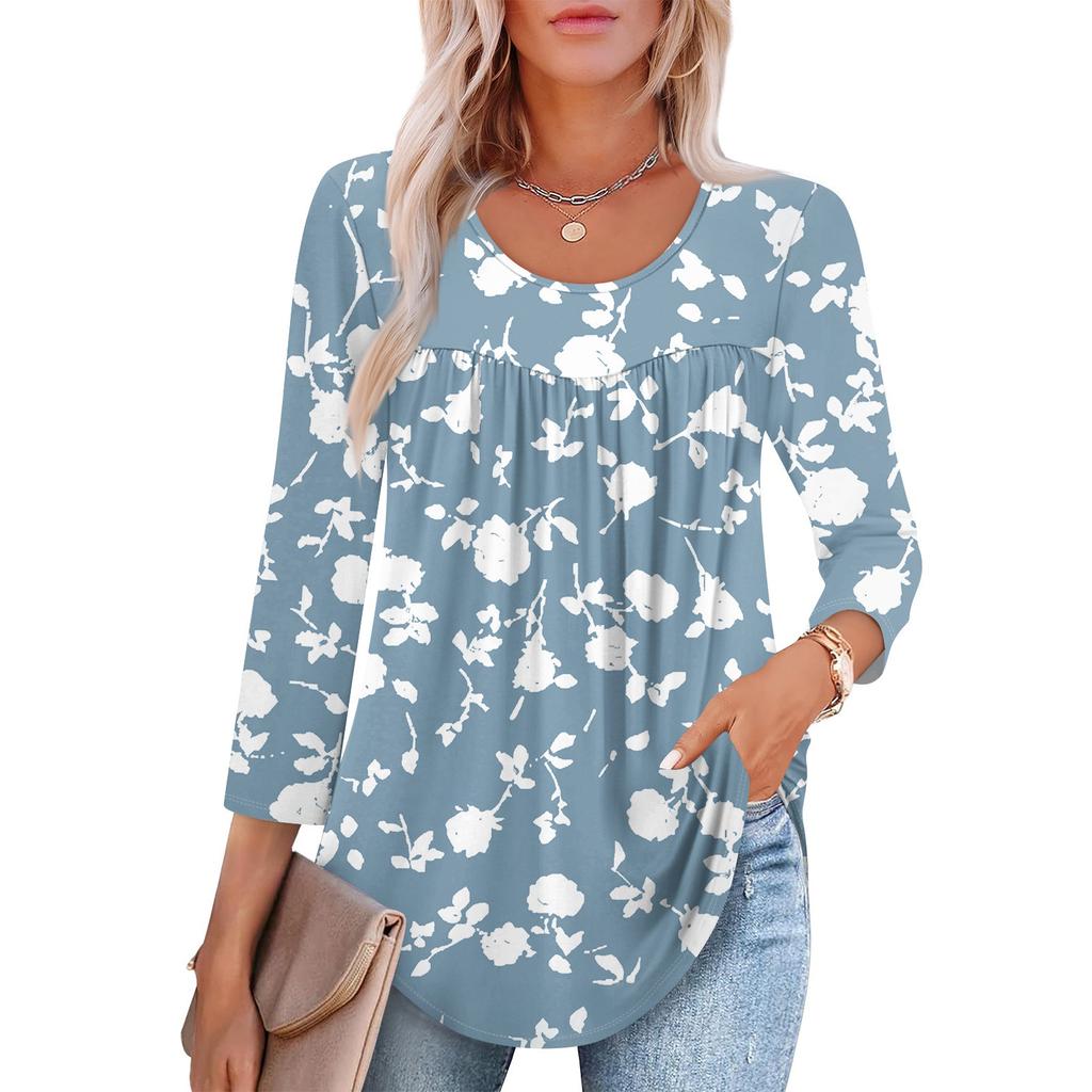 Women's Fashion Seven Sleeve Top Round Neck Pleated Casual Printed Top