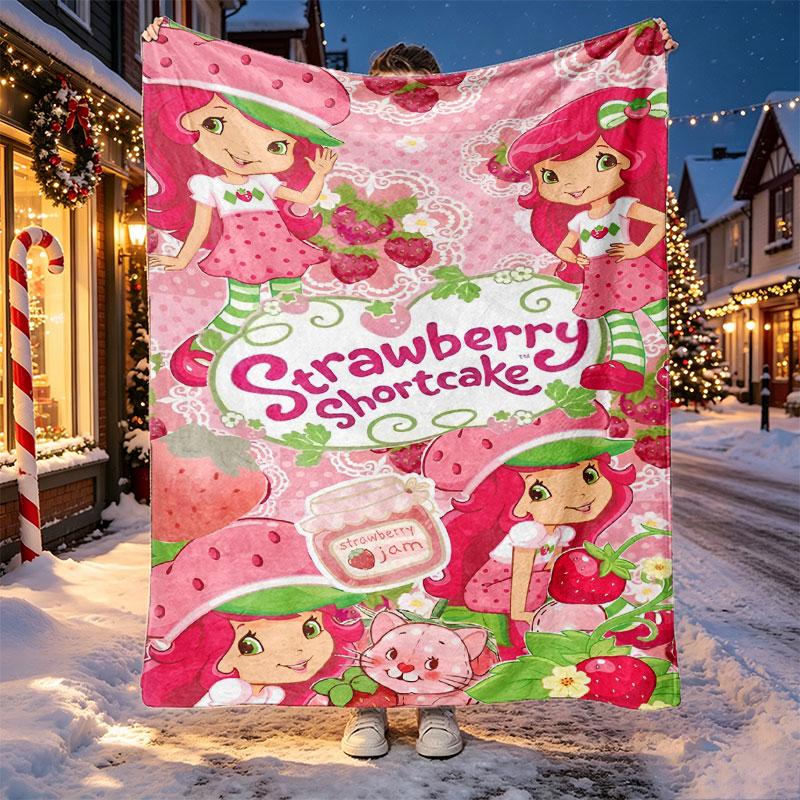 Strawberry Shortcake Pattern Blanket for Home Decoration, Bed, Sofa, Car Travel, Camping, Suitable for All Seasons, Birthday Christmas Gift