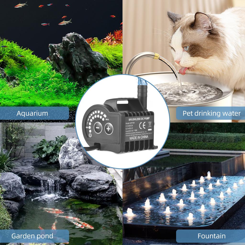 Submersible 12V Water Pump 8 Levels Adjustable 0 700L H Small Fountain Pump with 0 9.8ft Lift, 6.5ft DC Female Plug and