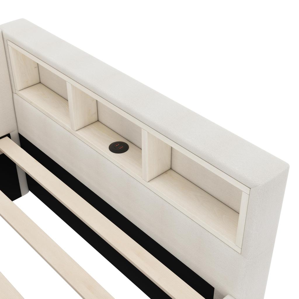 Canapea extensibilă pat de zi 140x200 cm Două sertare LED cu 16 culori USB+Type-C Compartiment de depozitare Somieră (fără saltea) In bej