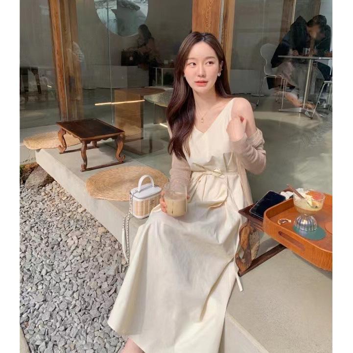 

Korean chic summer French niche V-neck lace-up suspender dress women s waist thin beach skirt long skirt M