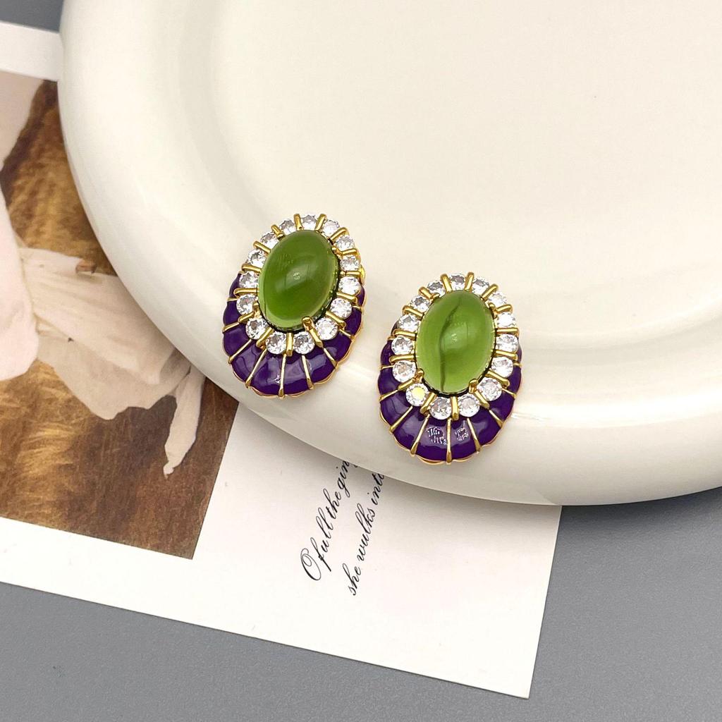 Vintage High-End Zircon Enamel Stud Earrings - Retro Light Luxury Jewelry for Women