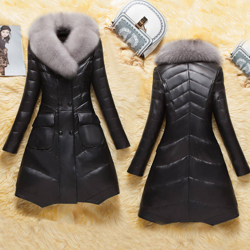 Haining leather jacket women's medium and long leather down jacket women's Korean version thickened large size jacket large fur collar wholesale
