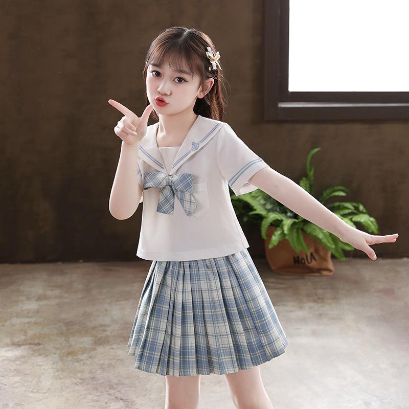 

2025 Girls Summer Academy Short Sleeve JK Uniform Set with Pleated Skirt – Casual Style for Small and Medium Children 110 cm