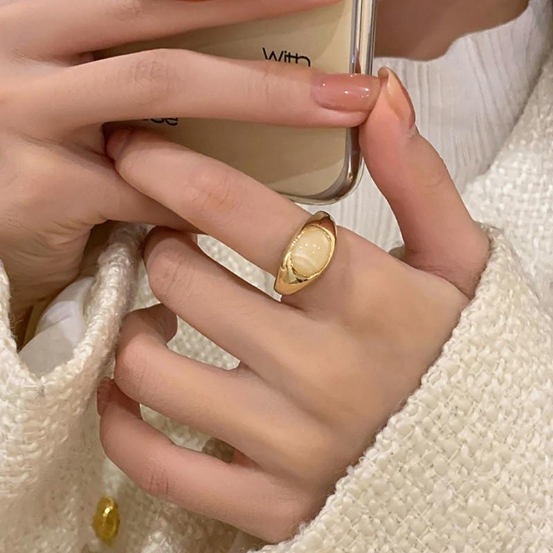 Vintage French Natural Stone Open Ring For Women Unique Design Adjustable Fashion Accessory