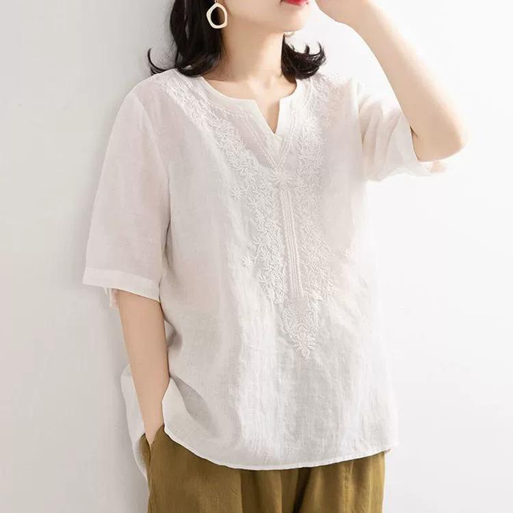 

Новая рубашка из хлопка и льна с вышивкой и V-образным вырезом больших размеров XL белый