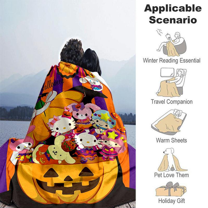 1pc Hello Kitty and Friends Halloween Adventure Blanket, Soft Throw for Home Decor, Gift Idea, Suitable for All Seasons, Living Room, Travel, Camping,
