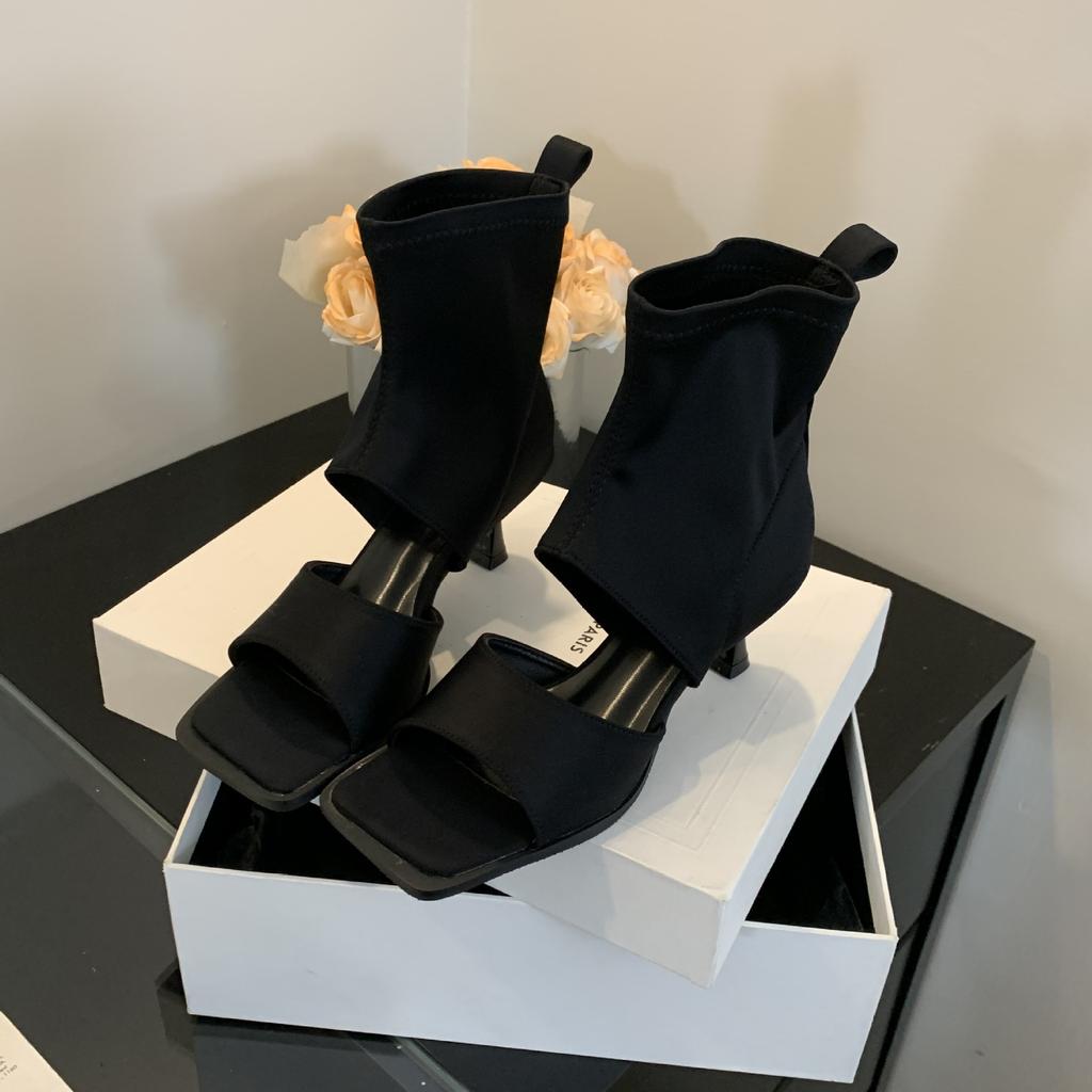 Women's Fashion French-style Ankle Boots Summer Square-toe Thong Elastic Fabric Sandal Boots