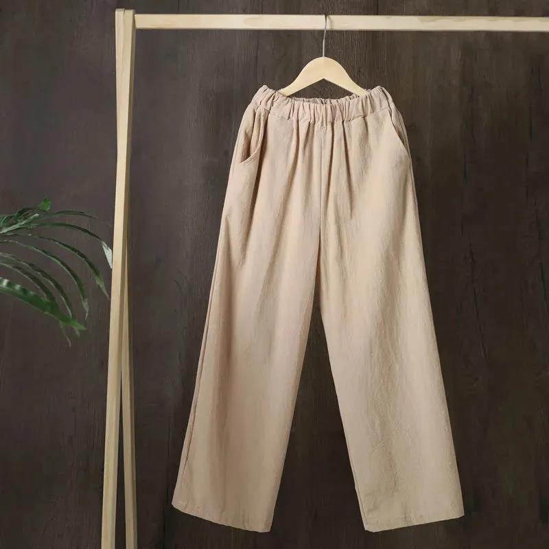 Women Summer 100% Cotton Large Size Wide Leg Casual Pants Loose Elastic Waist Solid Color Thin Cropped Pants