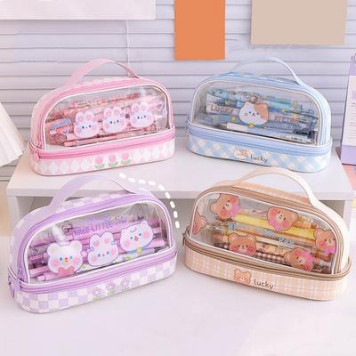Bleistift Fall Hohe Kapazität Staub-proof Transparent Sichtbar Cartoon Bär Hase INS Doppel Schicht Bleistift Tasche Schule Liefert