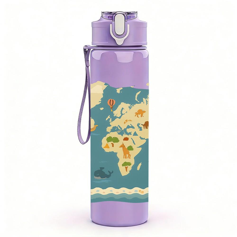 1PC Vintage World Map Ocean Continent 750ml Color Plastic Sports Water Bottle Leakproof Flip Straw Lid Suitable for Sports Office Home Use