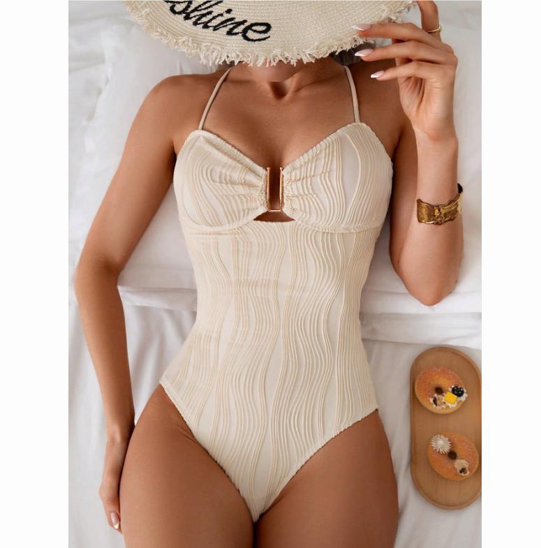 

Винтажный металлический купальник с U-образным вырезом для женщин, однотонный бежевый, с перекрещивающейся спиной, без спинки, с контролем живота, цельный купальник, пляжные купальники S бежевый
