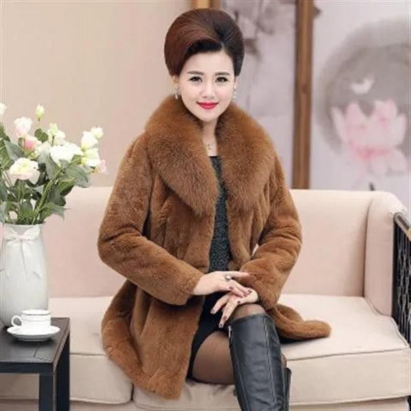 Women's  Winter Plush Thicke High Quality Imitation Fox Fur Collar Coat Faux Fur Coat  Mid-Long Mother Loose Wool Jackets