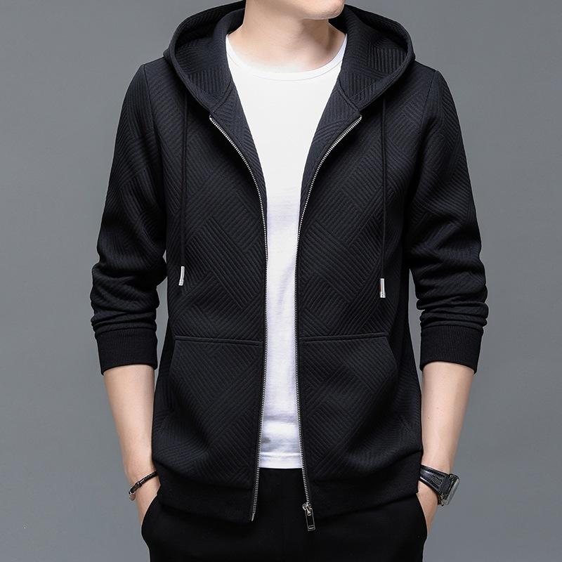 

Men s Casual Geometric Jacquard Hoodie Full Zip Long Sleeve Hooded Sweatshirt Jacket with Pockets L чёрный