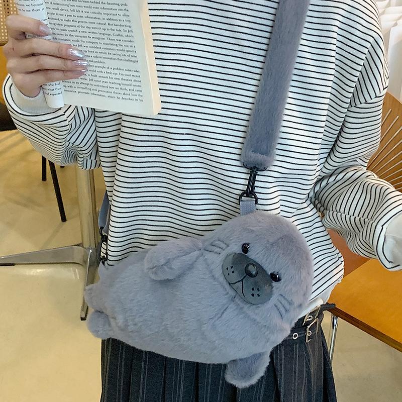 Adorable Seal Plush Handbag Portable Autumn Winter New Cute Seal Fur Bag Ladies Handbag Soft Women Girls Pouch Bag