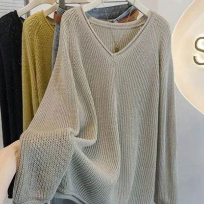 Pullover für Damen Herbst Winter Verdickt Warm Gestrickt Dehnbar Langarm Oversize V-Ausschnitt Oberteile