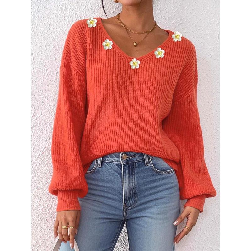 Women S V Neck Loose Fit Pullover Sweater With Crochet Details S оранжевый