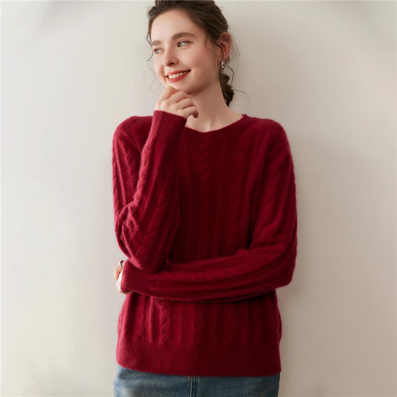 Women's Cashmere Sweater - Cable Knit, Slim Fit, Round Neck, Long Sleeve, Solid Color, Elegant Autumn/Winter Top