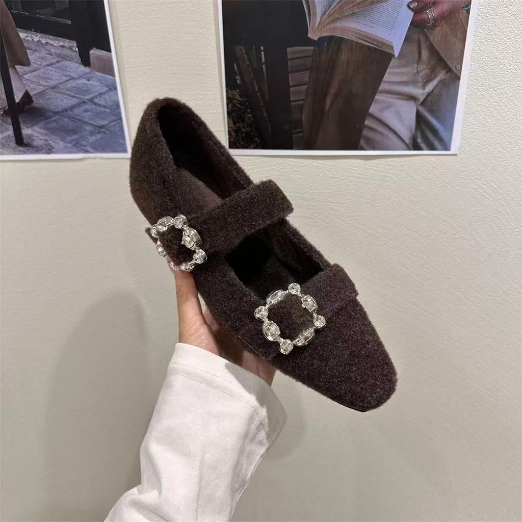 Innere Höherlegung Vierkantkopf Strass Einzelne Schuhe Herbst und Winter 2025 Plüsch Grau Flauschige Schuhe Mary Jane Abendschuhe