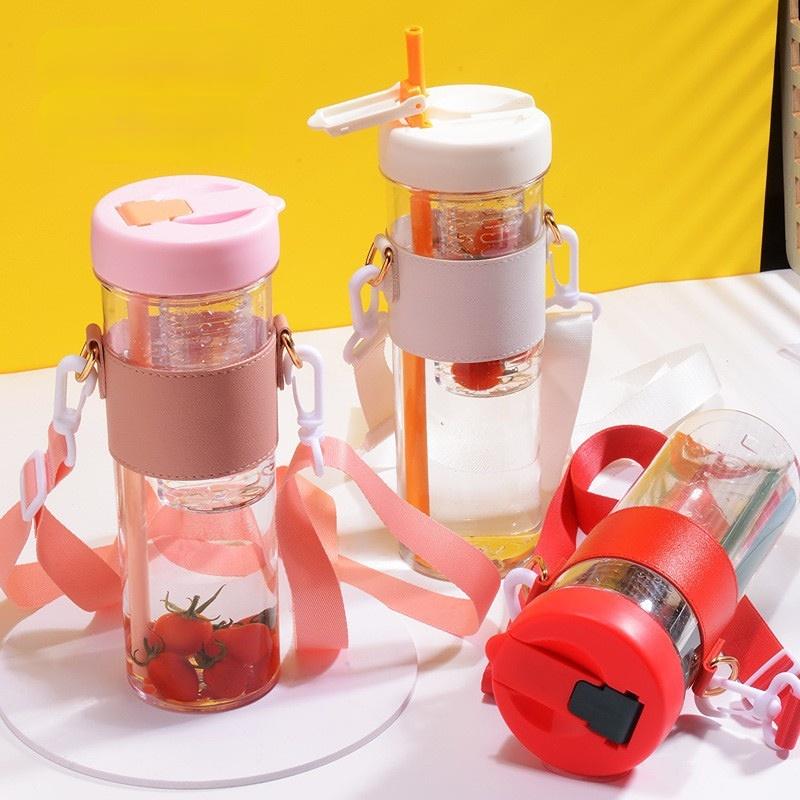 800ml Large Capacity Water Bottles with Strap Dry Wet Separation Fruit Lemon Filter Plastic Drinking Bottle with Straw Outdoor Sports Water Cup