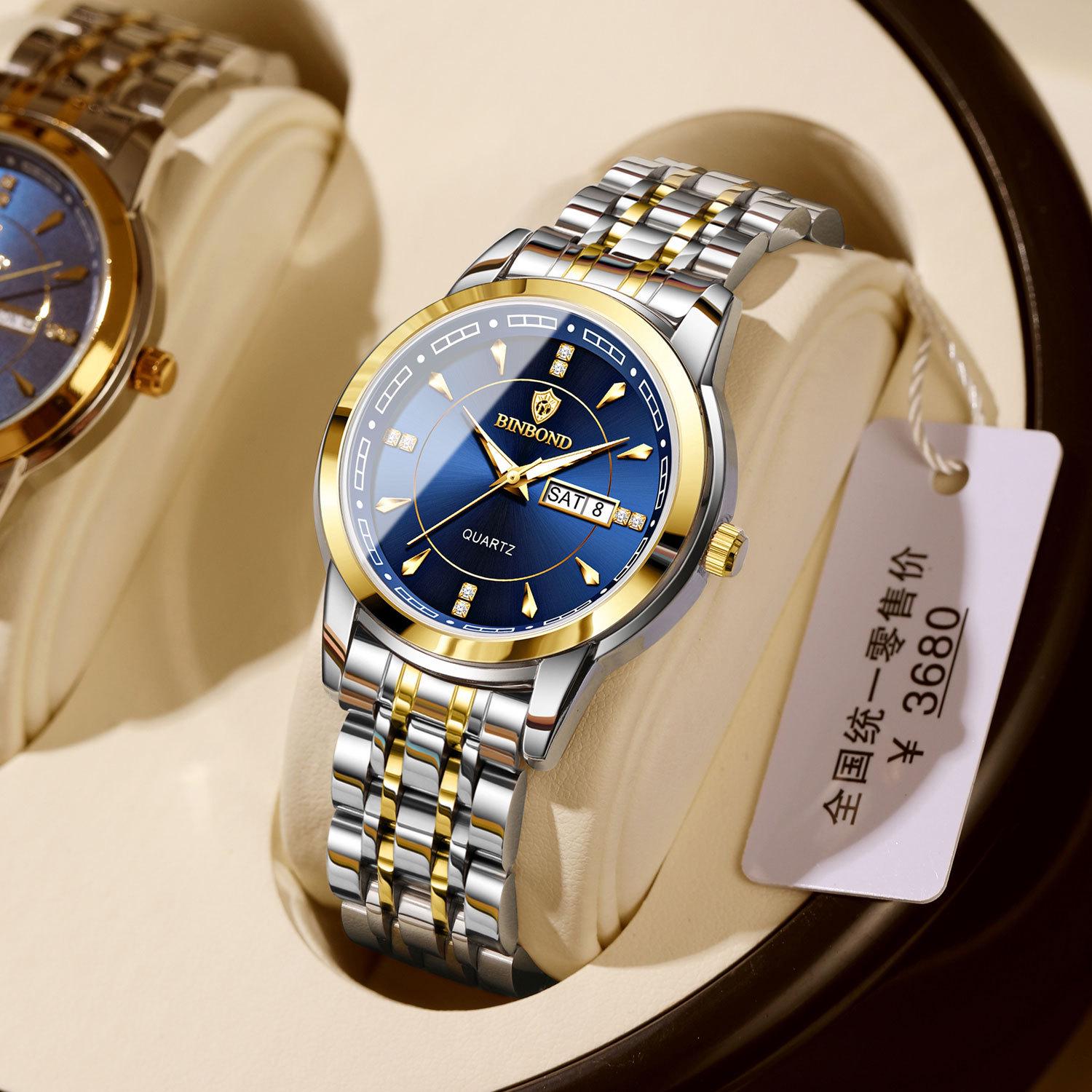 Binbang Luxus Damenuhr Quarz - Wasserdicht, Leuchtend, Doppelkalender für Business & Studenten Silver-Blue Dial (Women's) brown
