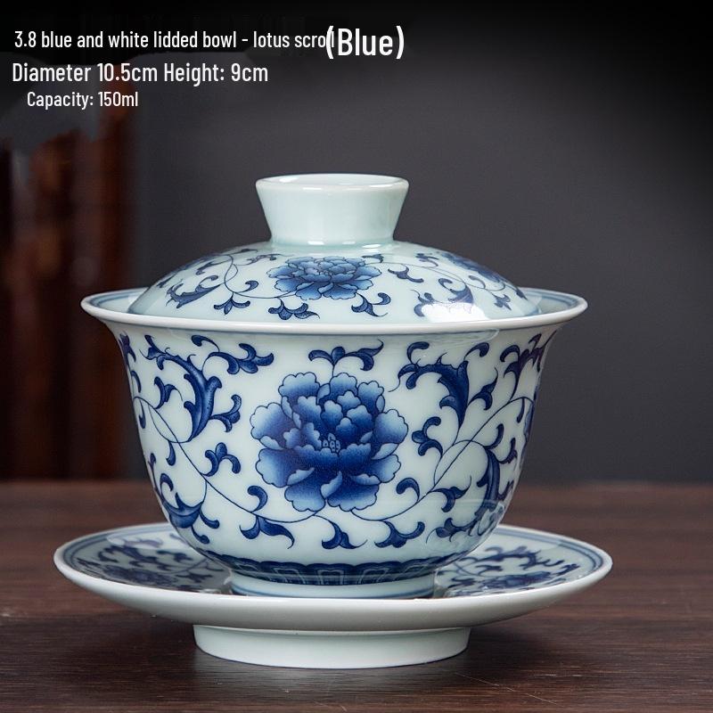Large Blue & White Retro Sancai Gaiwan Ceramic Tea Cup with Infuser - Kung Fu Tea Set