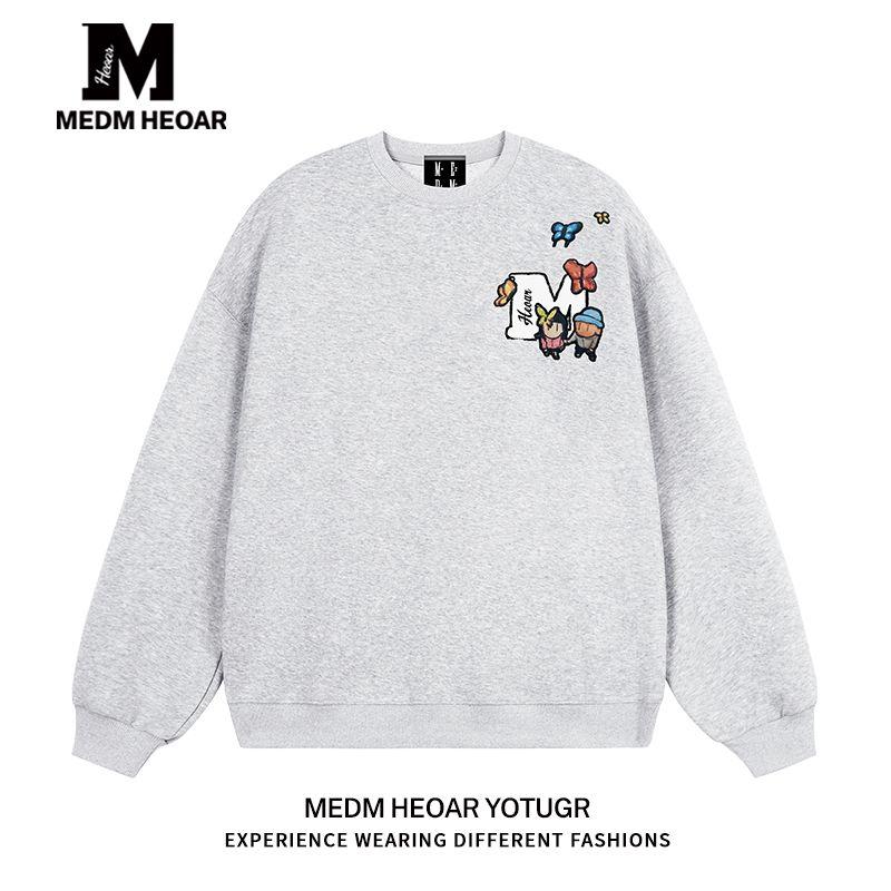 

Medm Heoar American-Style Fleece-Lined Printed Crewneck Sweatshirt Casual Unisex Spring and Autumn Top [All Three Labels Complete] White Gray [Regular Style] 350 Grams 2XL