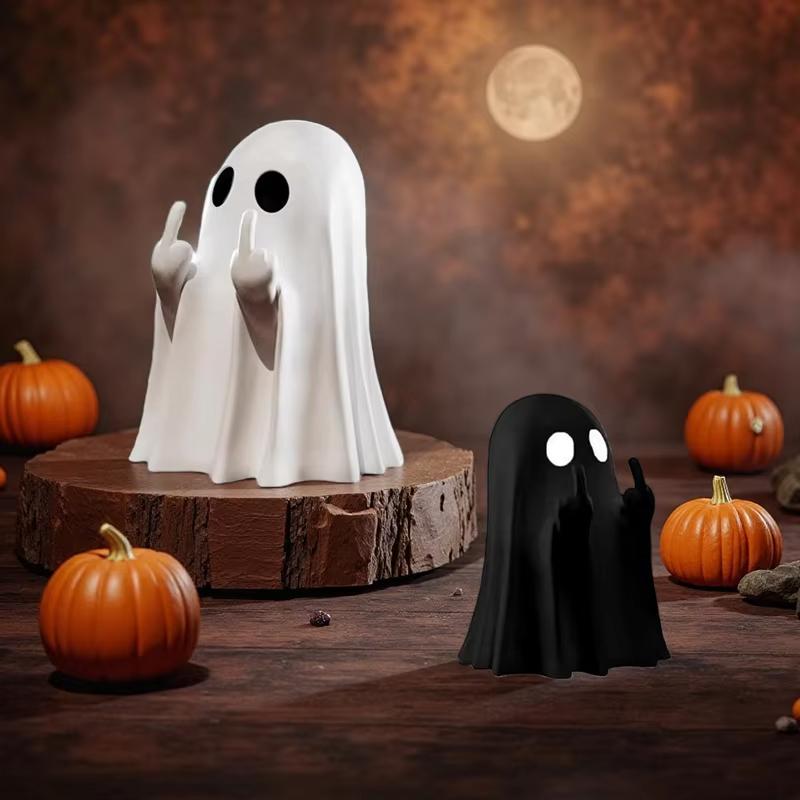 New Cute Middle Finger Ghost Statue Creative Halloween Cute Ornaments Black and White Festival Decoration Home Table Ornaments
