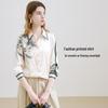 TUHUANG Women's Silk Satin Botanical Print Long-Sleeve Shirt
