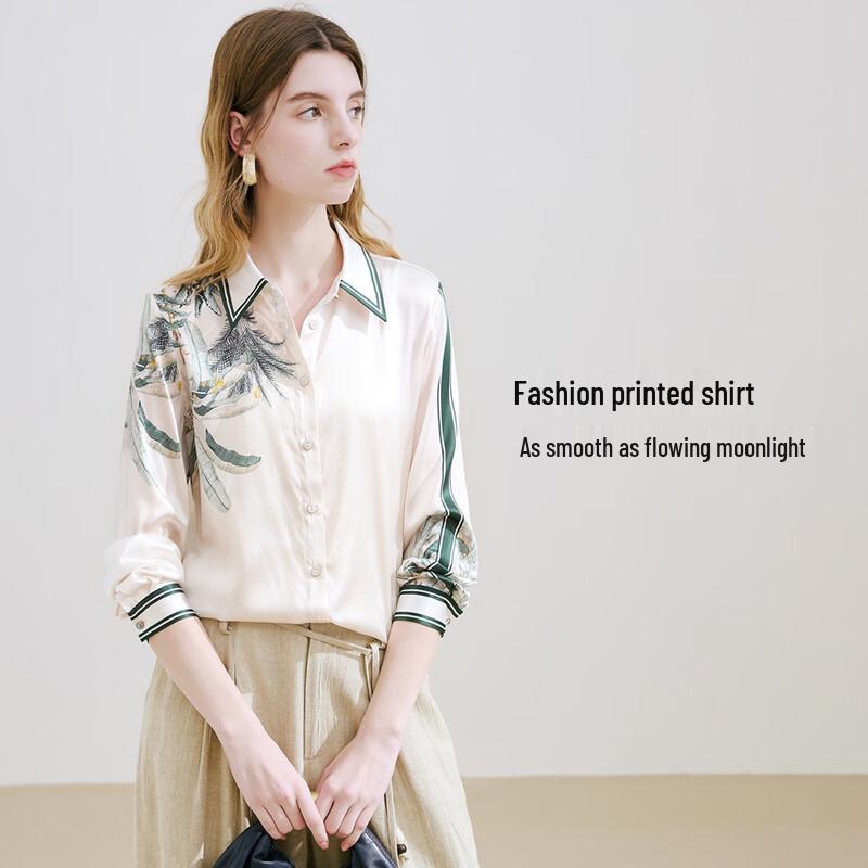 TUHUANG Women's Silk Satin Botanical Print Long-Sleeve Shirt