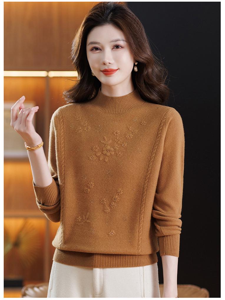 Red Embroidered Lambswool Sweater for Middle-Aged & Elderly Women: Half-High Collar, Thick Knit