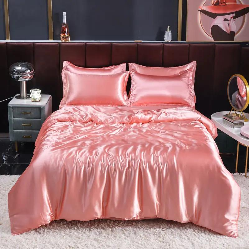 Nordic Satin Silk Bedding Set with Duvet Cover Bed Sheet Pillowcases Luxury Solid Single Double Couple Pillow Case Bedsheet