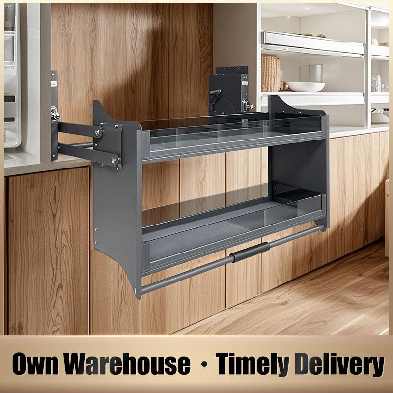 Adjustable Glass Pull Down Kitchen Basket Space Saving Organizer for Cabinets Modern Kitchen Glass Pull Down Shelving
