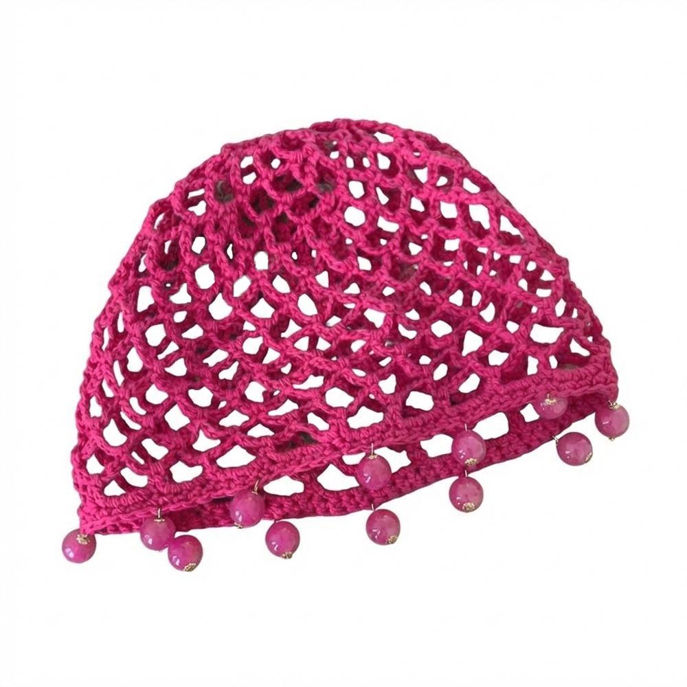 Pearl Fringed Crochet Hat Hollowed Out Woven Hat Casual Beret Cap  Bride Headpiece