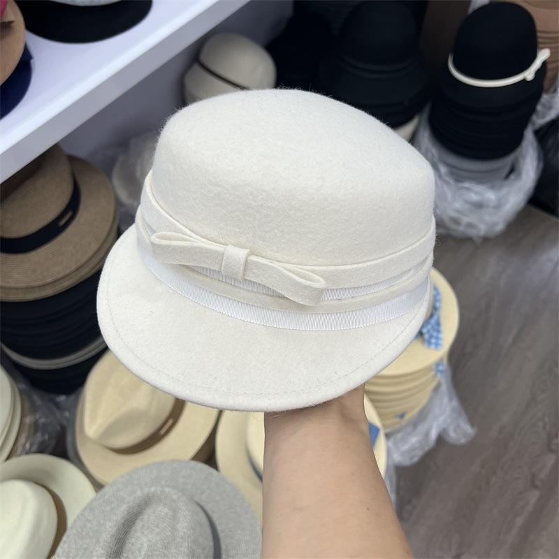Japanese Wool Riding Cap - Contrast Bow Equestrian Hat for Women, Autumn Winter Fashion Face Slimming