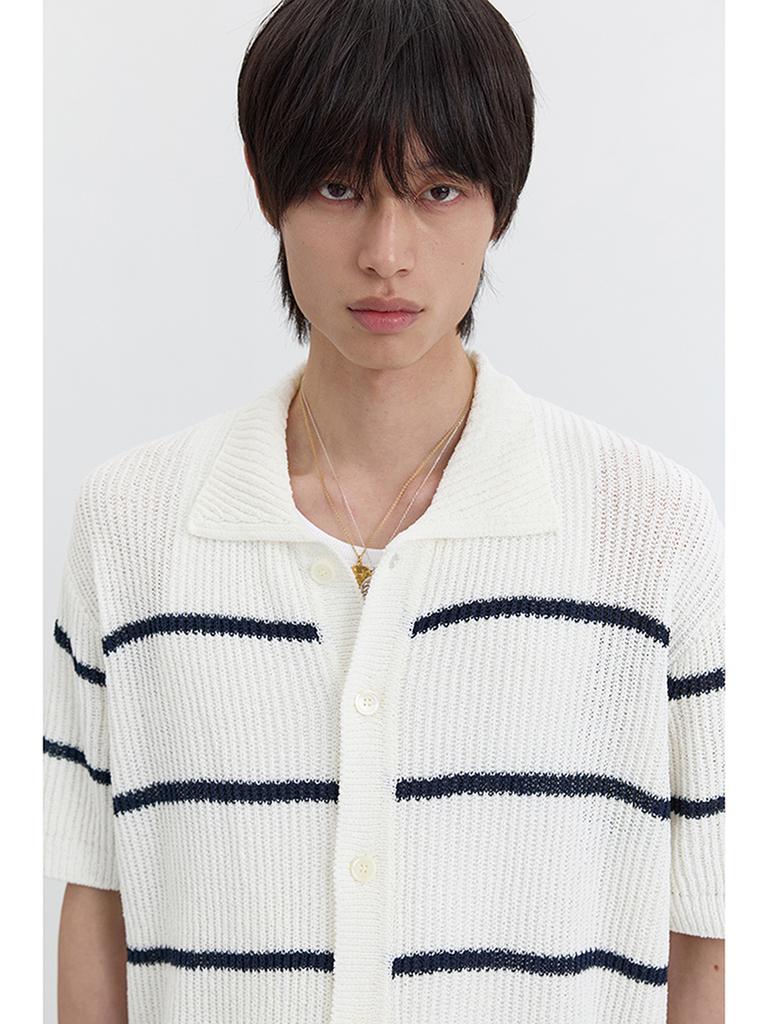 Deonseuteupomaen Shaker Stitch Collared Cardigan_Udsw5B321_Off White / Navy