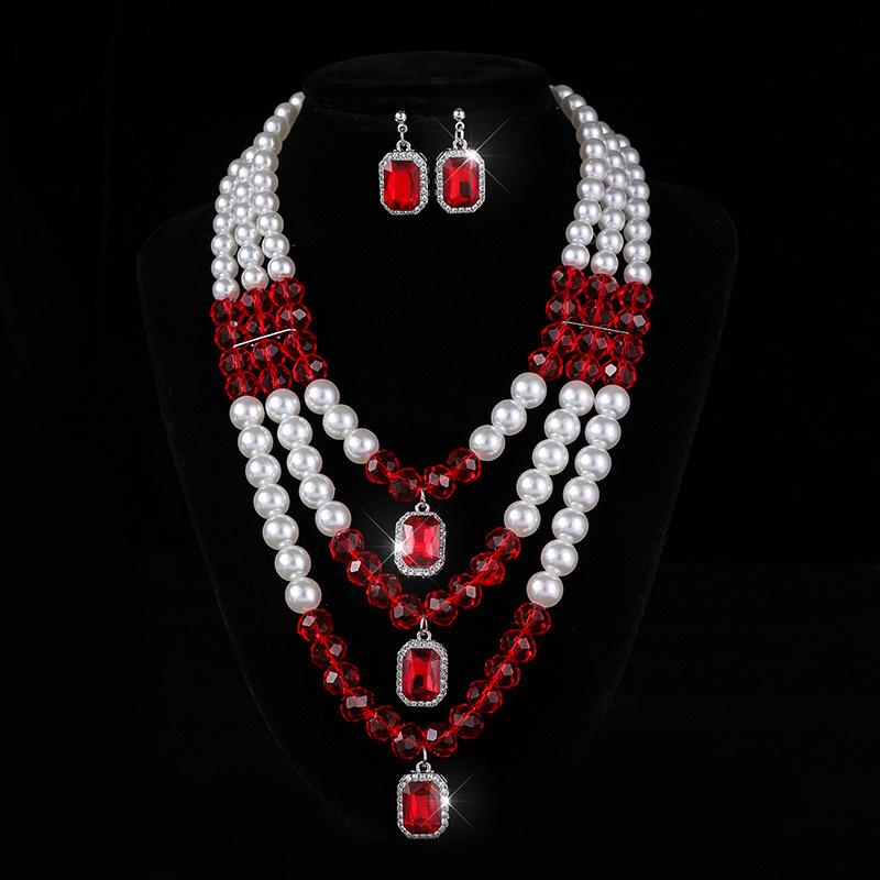 Geometrische Mehrschichtige Imitation Perle Kristall Halskette Ohrstecker Party Imitation Perle Diamant Halskette Schmuckset