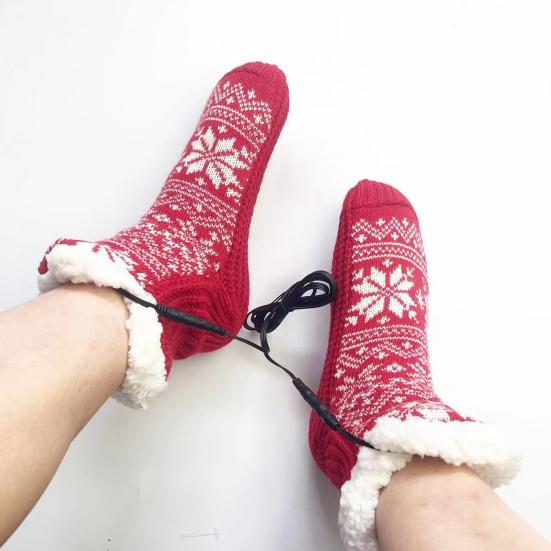 1 Paar USB Elektrisch Beheizte Socken Unisex Winter Gestrickt Flauschig Fleece Haussocken Hausschuhe Rutschfest Thermisches Heizkissen Fußwärmer