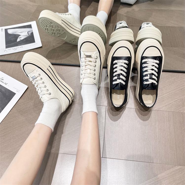 Women's 2023 Spring Genuine Leather White Platform Sneakers - All-Match Round Toe, Thick-Soled Sports Casual Shoes