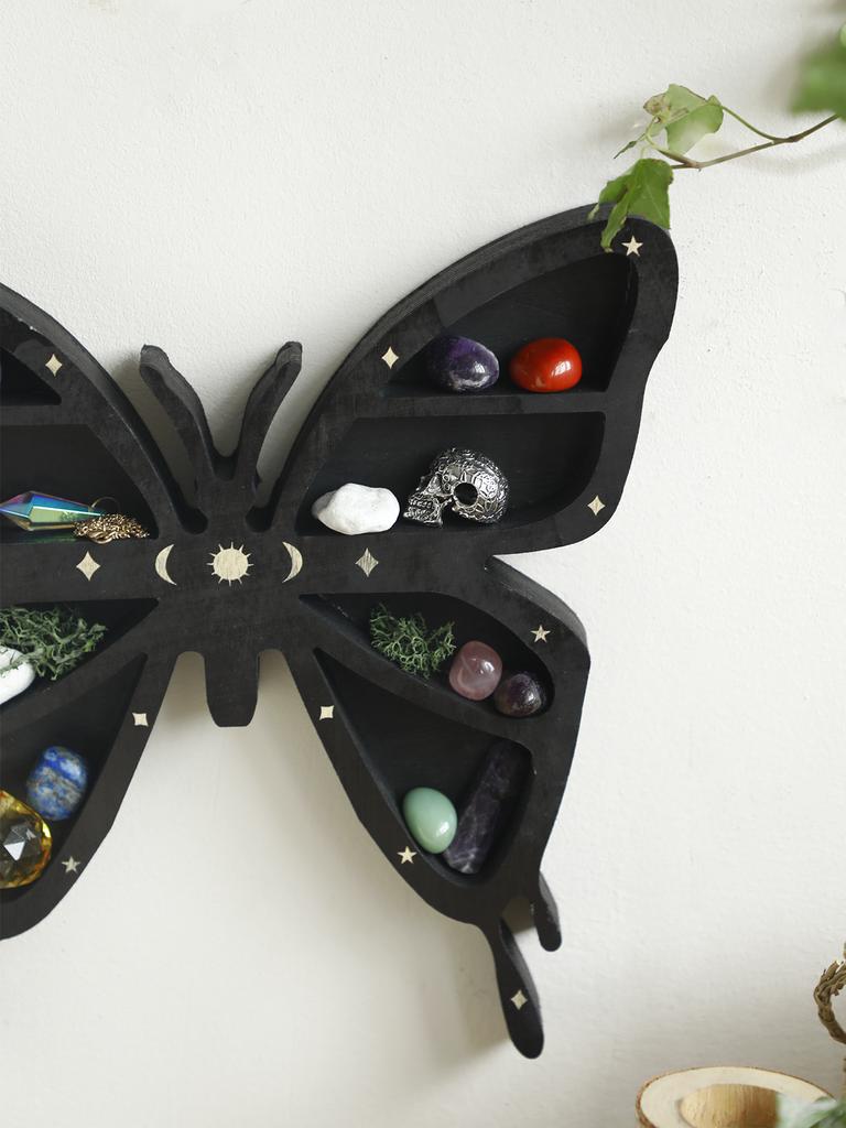 Lotus Moon Butterfly Wooden Essential Oil Crystal Shelf Display Floating Wall Shelf Boho Home Decoration Gothic Wall Decor Gift