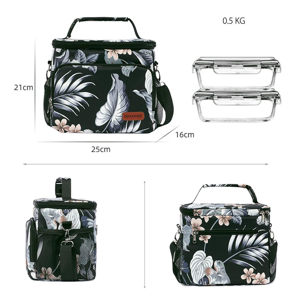 FANDARE Lunch Bento Thermal Cold Large Front and Back Crossbody Water Cherry Blossom Bento Black A Bag, Bag, Insulation, Insulation, Capacity,